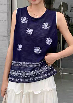 Navy Embroideried Knit Vests Summer