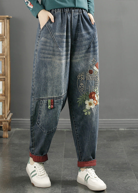 Navy Embroidered Patchwork Denim Pants Spring