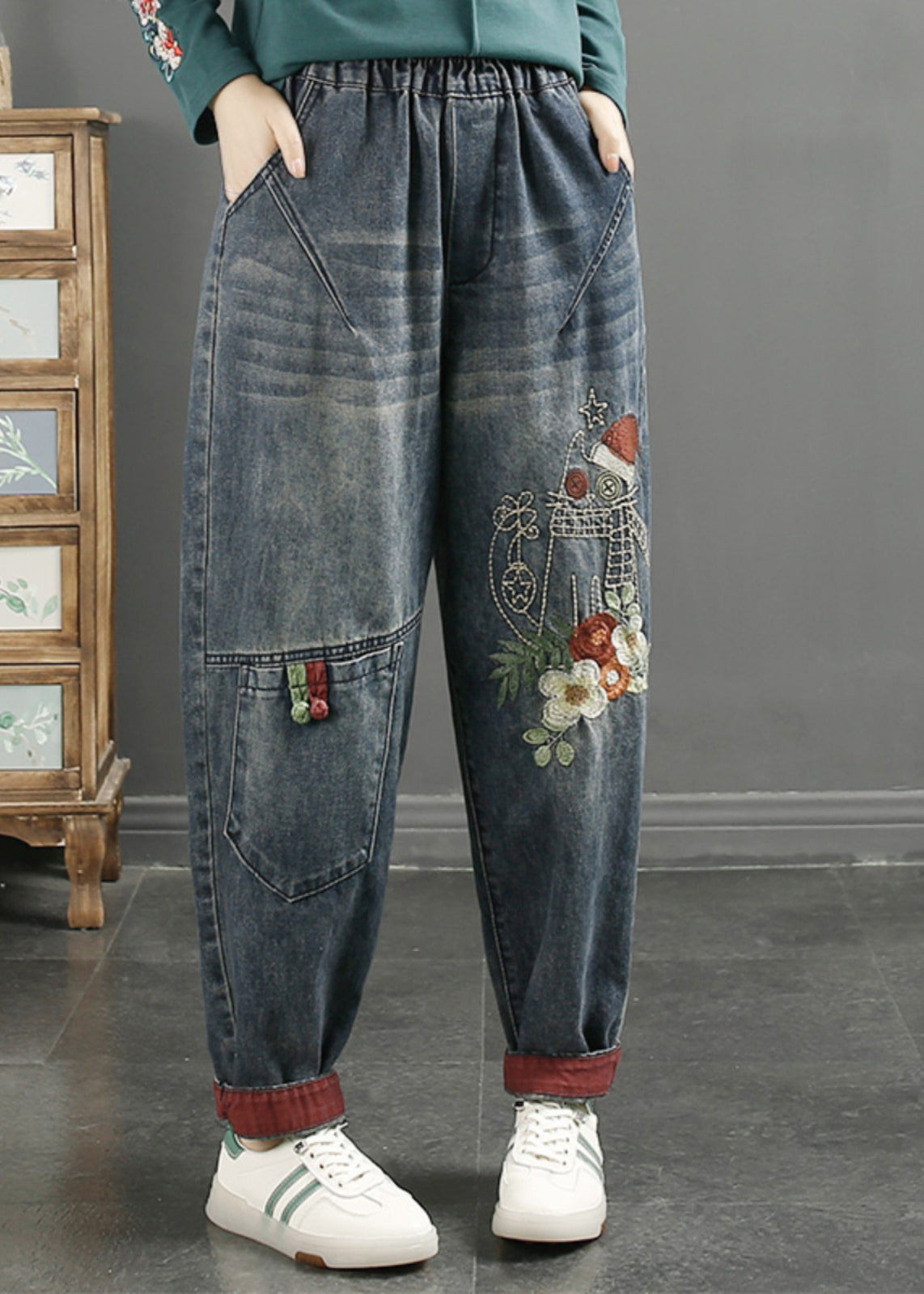 Navy Embroidered Patchwork Denim Pants Spring