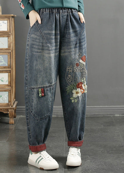 Navy Embroidered Patchwork Denim Pants Spring
