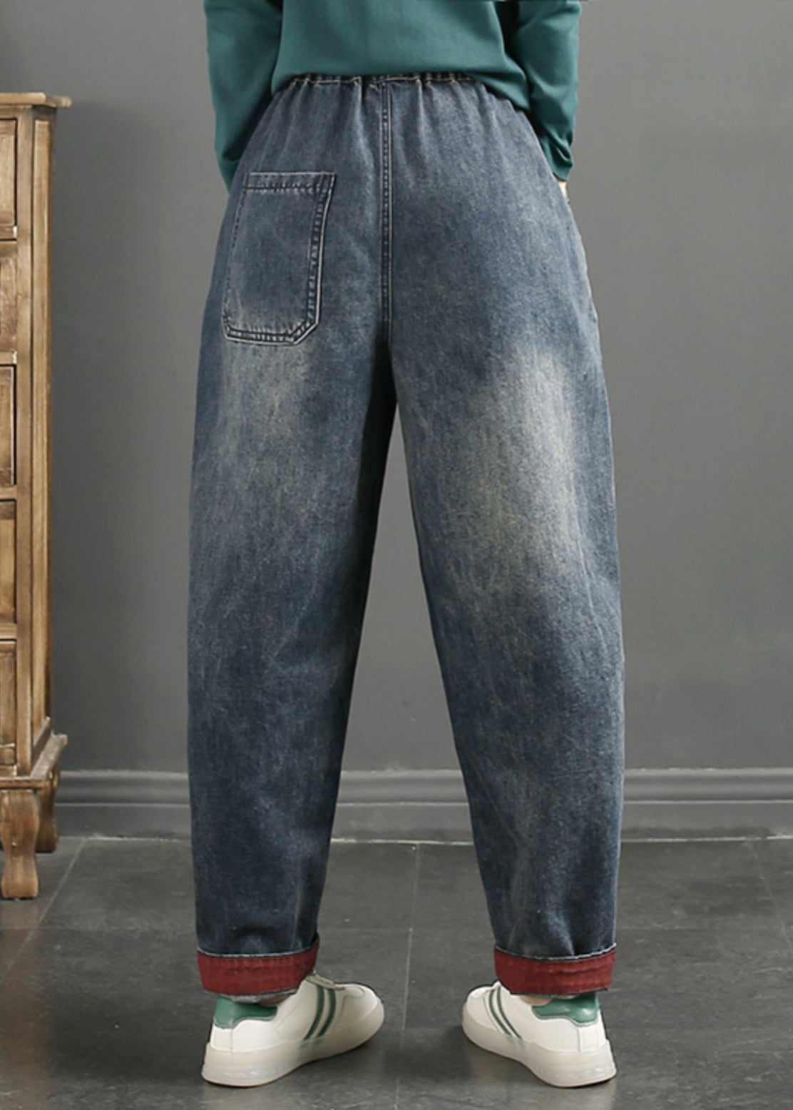 Navy Embroidered Patchwork Denim Pants Spring