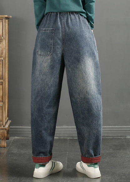 Navy Embroidered Patchwork Denim Pants Spring