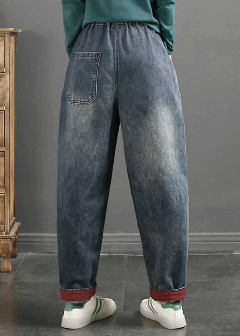 Navy Embroidered Patchwork Denim Pants Spring