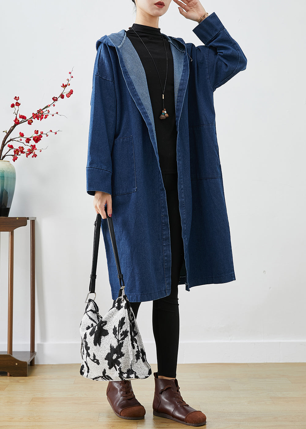 Navy Hooded Oversized Cotton Trench Coats Fall