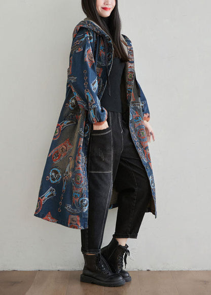 Navy Hooded Patchwork Print Denim Cardigan Spring