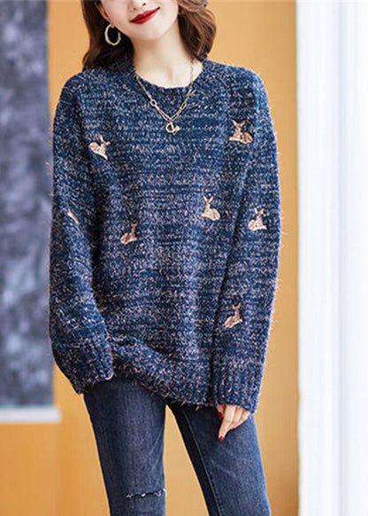 Navy O-neck Animal Embroideried Knit Sweaters Fall