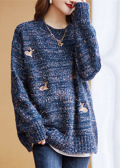 Navy O-neck Animal Embroideried Knit Sweaters Fall