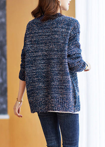 Navy O-neck Animal Embroideried Knit Sweaters Fall