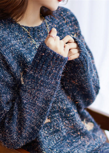 Navy O-neck Animal Embroideried Knit Sweaters Fall
