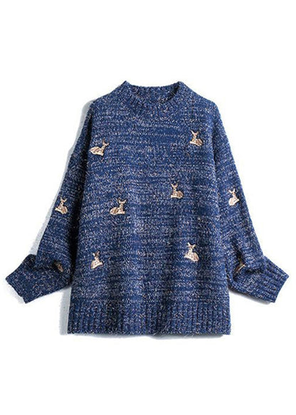 Navy O-neck Animal Embroideried Knit Sweaters Fall