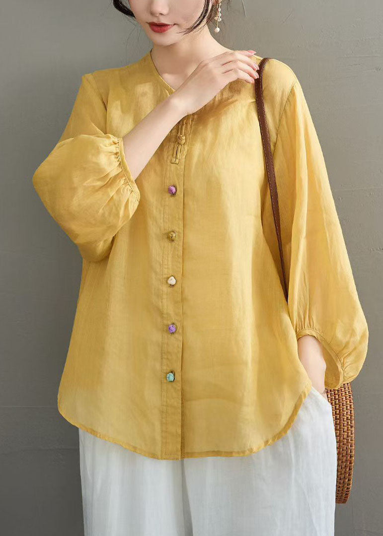 Navy O Neck Button Loose Linen Shirts Summer