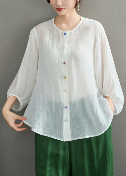 Navy O Neck Button Loose Linen Shirts Summer