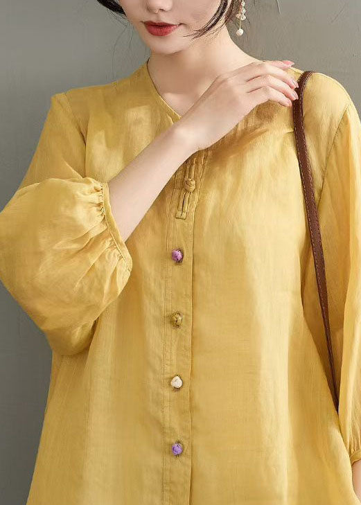 Navy O Neck Button Loose Linen Shirts Summer
