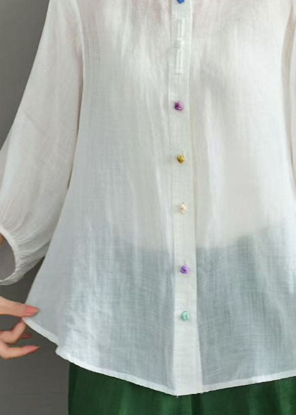 Navy O Neck Button Loose Linen Shirts Summer