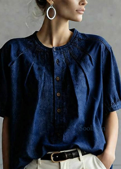 Navy O Neck Button Wrinkled Denim Top Summer