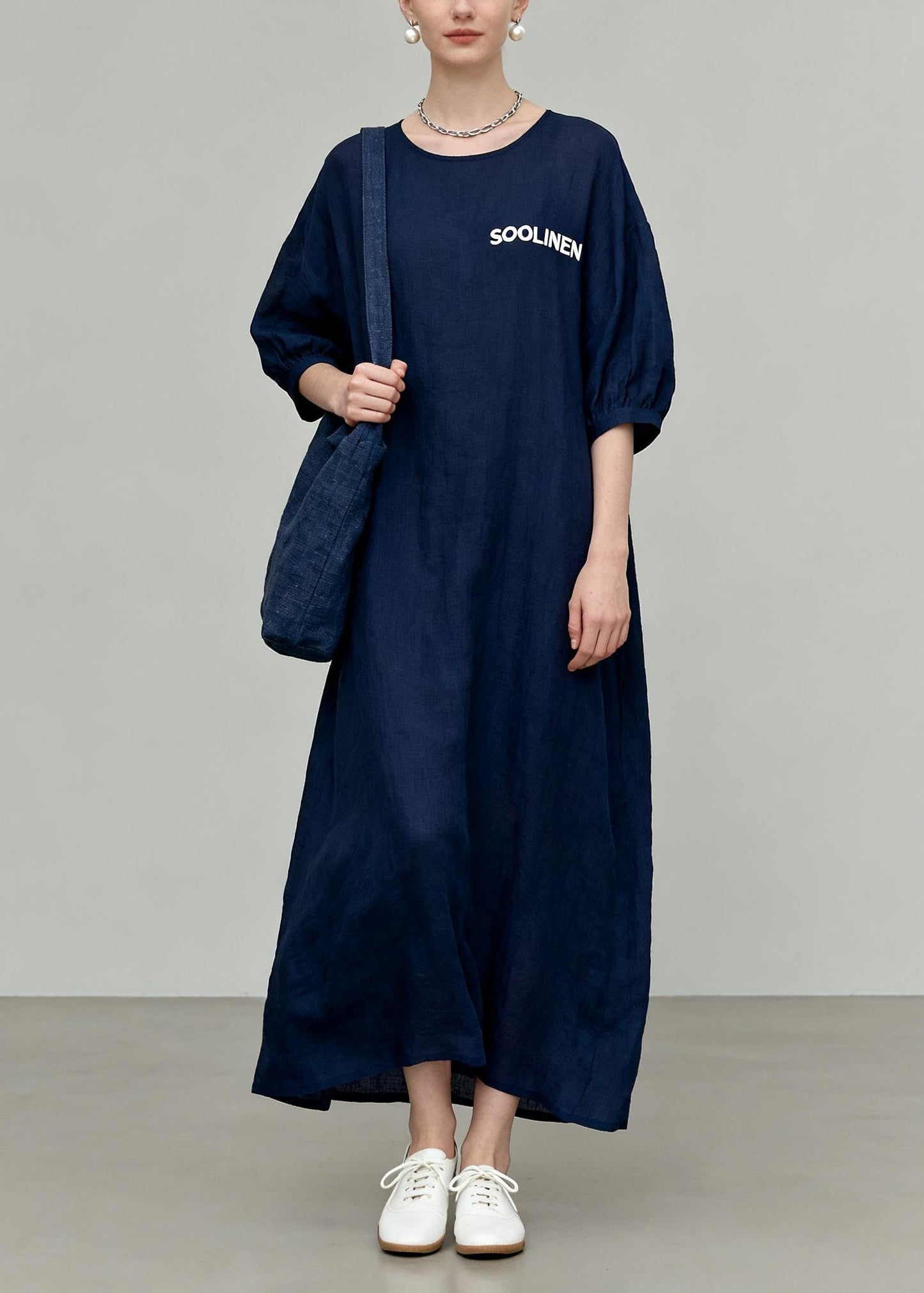 Navy O-neck Oversized Cotton Vacation Dresses Summer