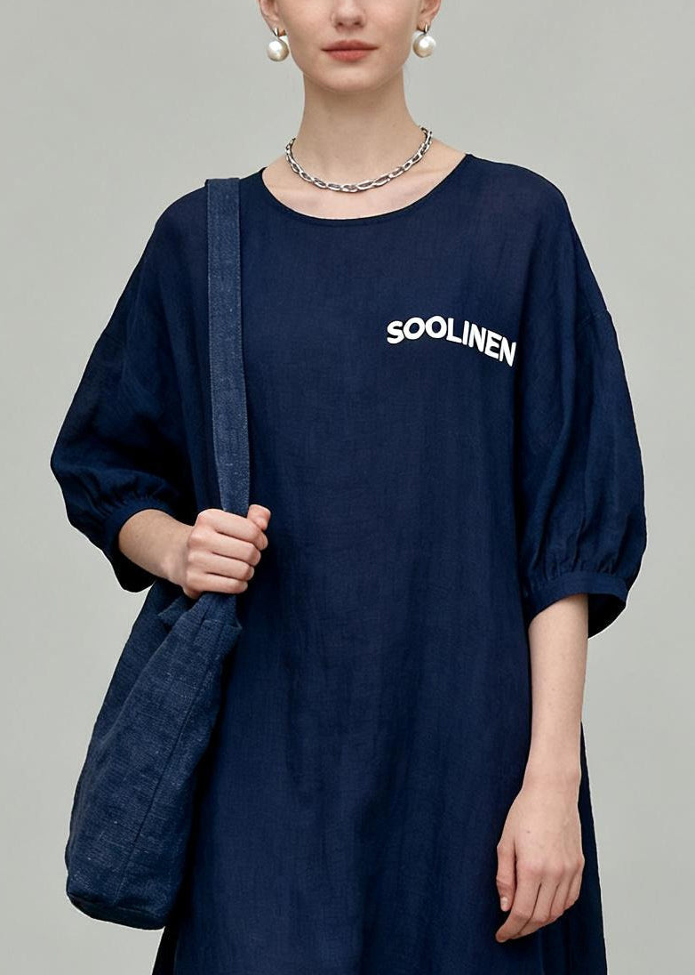 Navy O-neck Oversized Cotton Vacation Dresses Summer