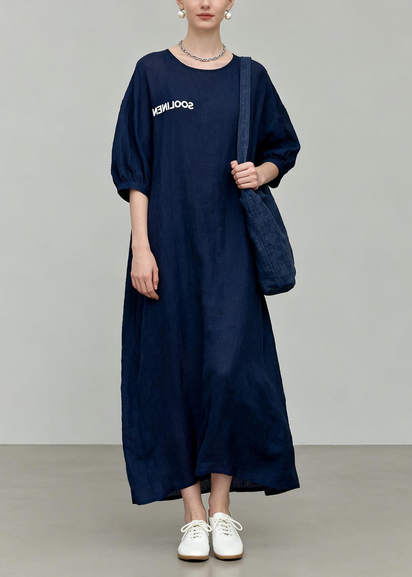 Navy O-neck Oversized Cotton Vacation Dresses Summer