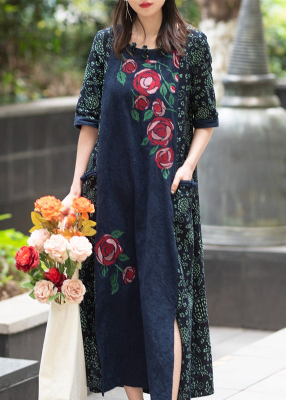 Navy O-neck Print Patchwork Side Open Robe Dresses Short Sleeve