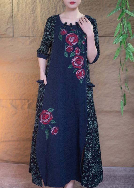 Navy O-neck Print Patchwork Side Open Robe Dresses Short Sleeve
