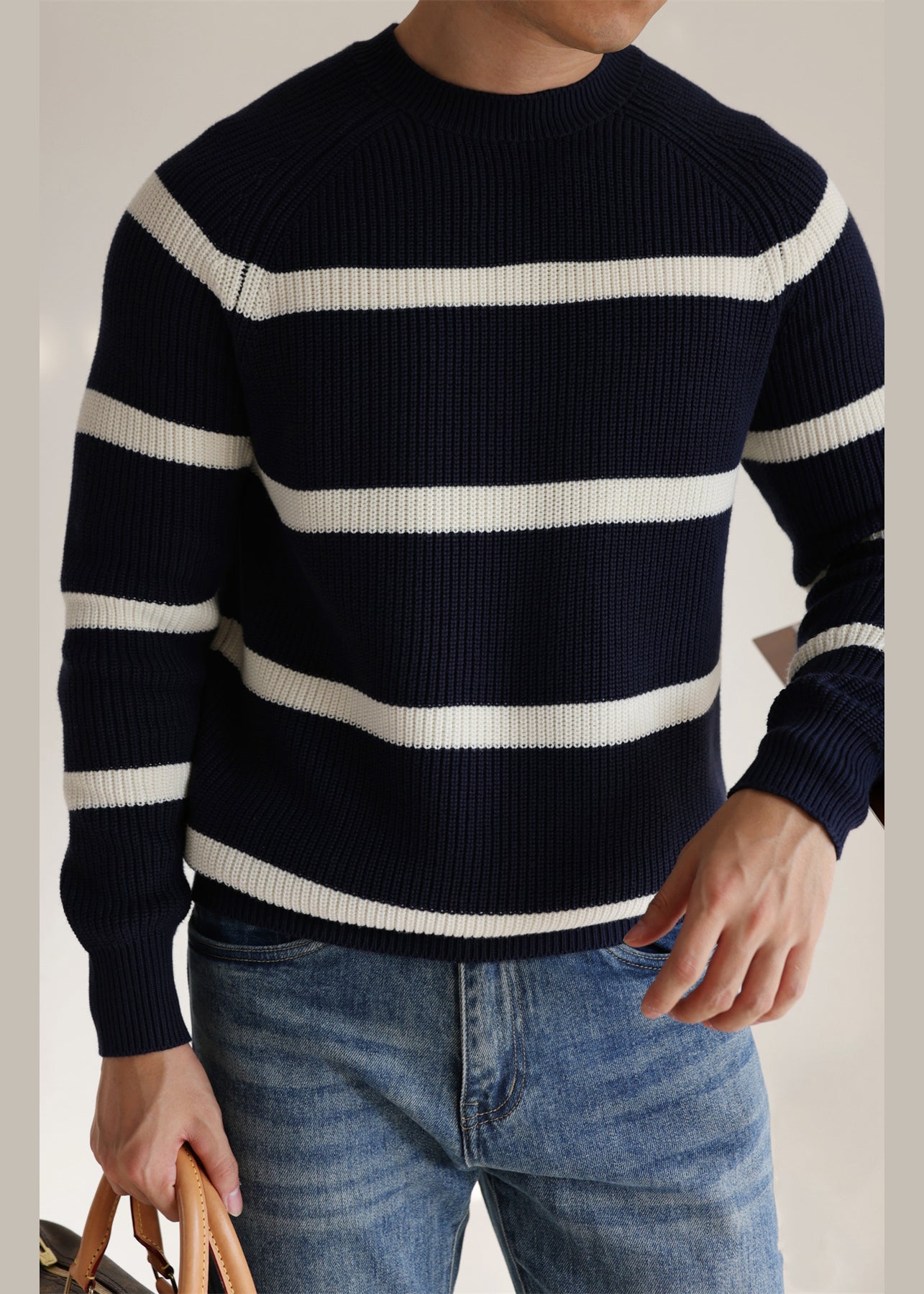 Navy O Neck Striped Cozy Knit Sweaters Winter