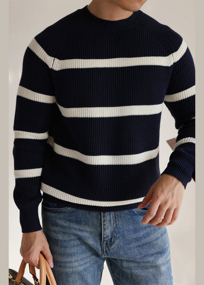 Navy O Neck Striped Cozy Knit Sweaters Winter