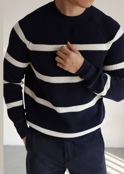 Navy O Neck Striped Cozy Knit Sweaters Winter