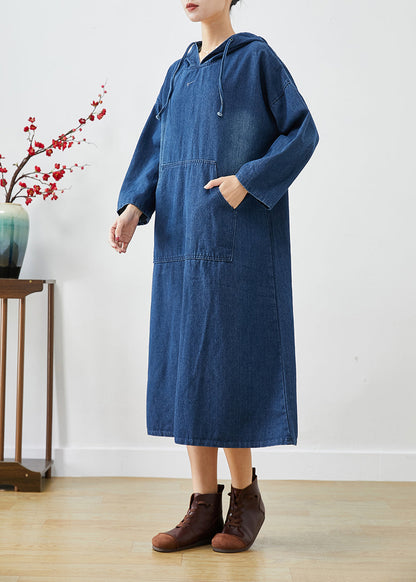 Navy Oversized Hooded Denim Vacation Dresses Fall