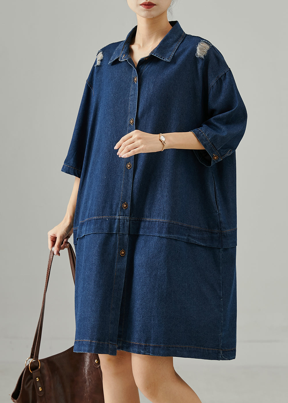 Navy Oversized Patchwork Denim Ripped Dresses Summer