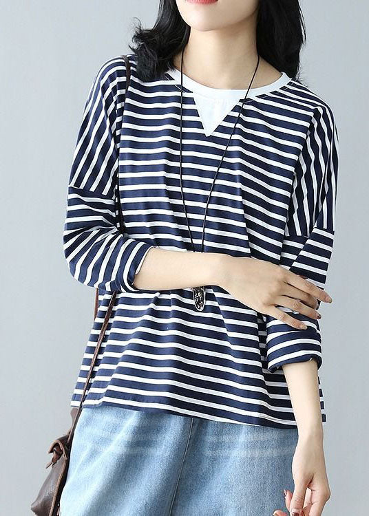 Navy Oversized Patchwork Striped Cotton Top Spring
