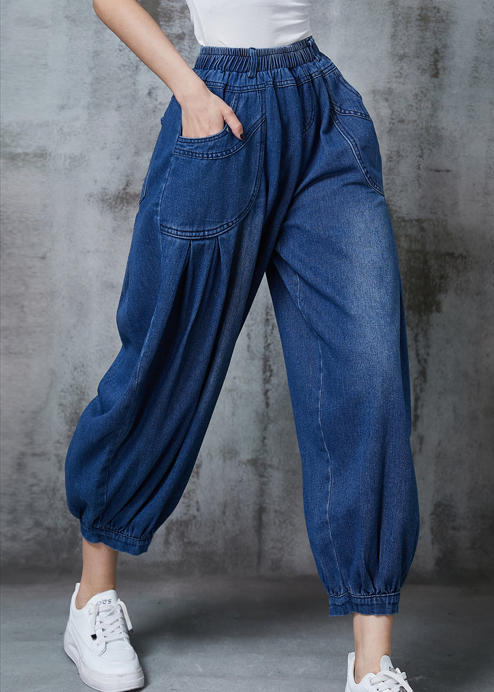 Navy Oversized Pockets Denim Harem Pants Summer