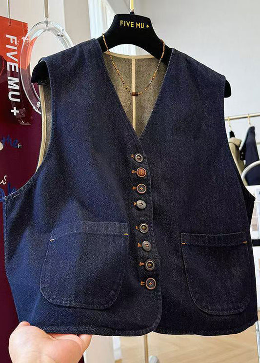 Navy Oversized Pockets Denim Vests Spring