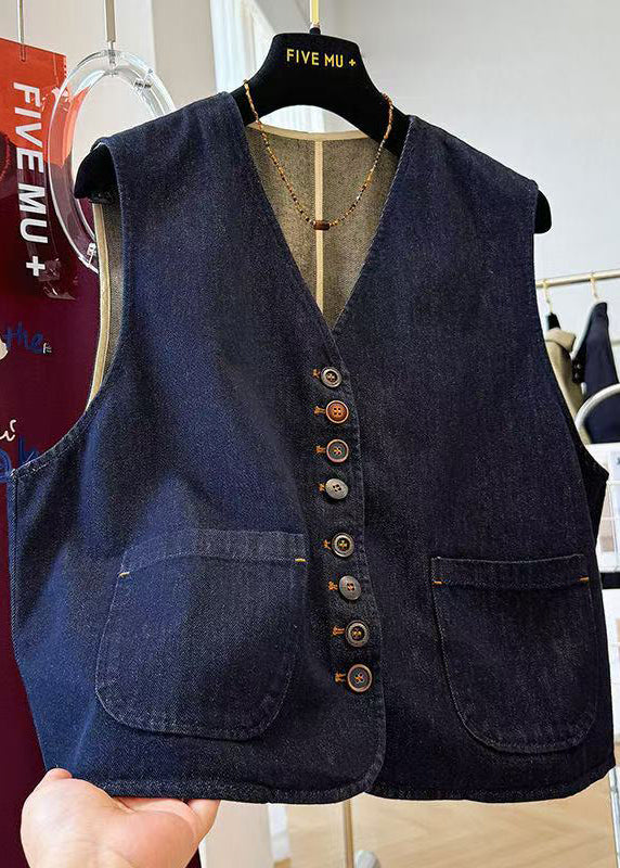 Navy Oversized Pockets Denim Vests Spring