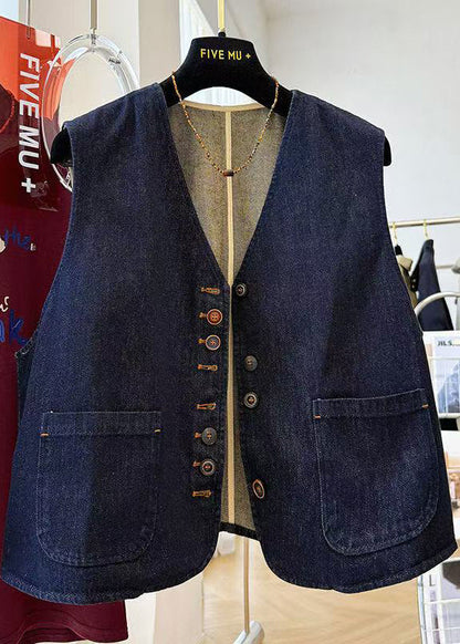 Navy Oversized Pockets Denim Vests Spring