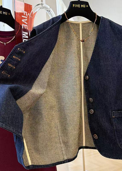 Navy Oversized Pockets Denim Vests Spring