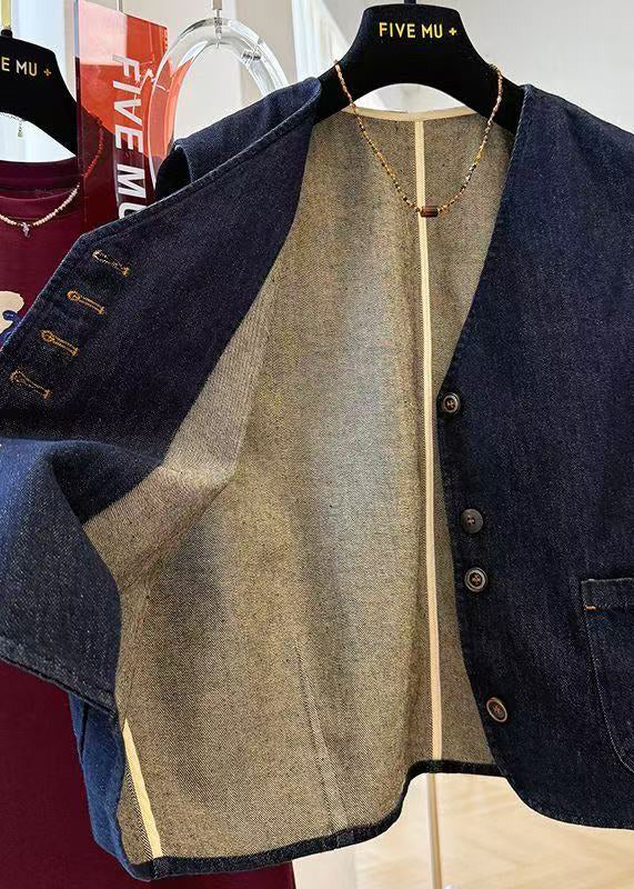 Navy Oversized Pockets Denim Vests Spring