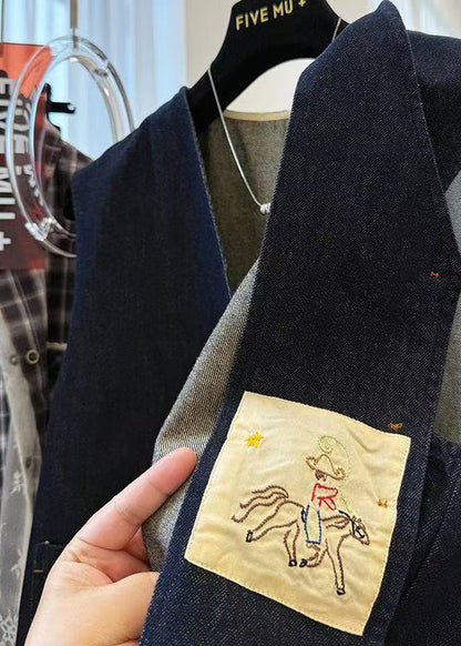 Navy Oversized Pockets Denim Vests Spring