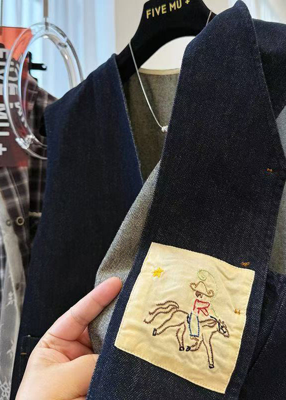 Navy Oversized Pockets Denim Vests Spring