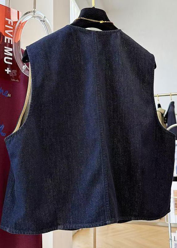 Navy Oversized Pockets Denim Vests Spring