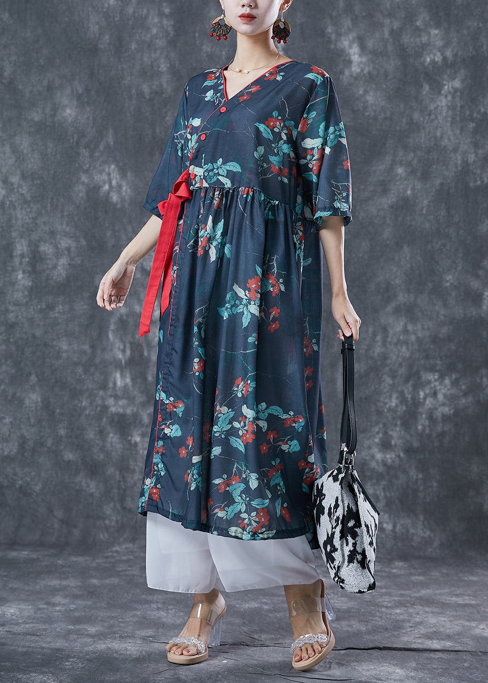 Navy Oversized Print Lace Up Linen Dresses Summer