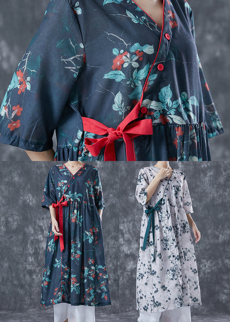 Navy Oversized Print Lace Up Linen Dresses Summer