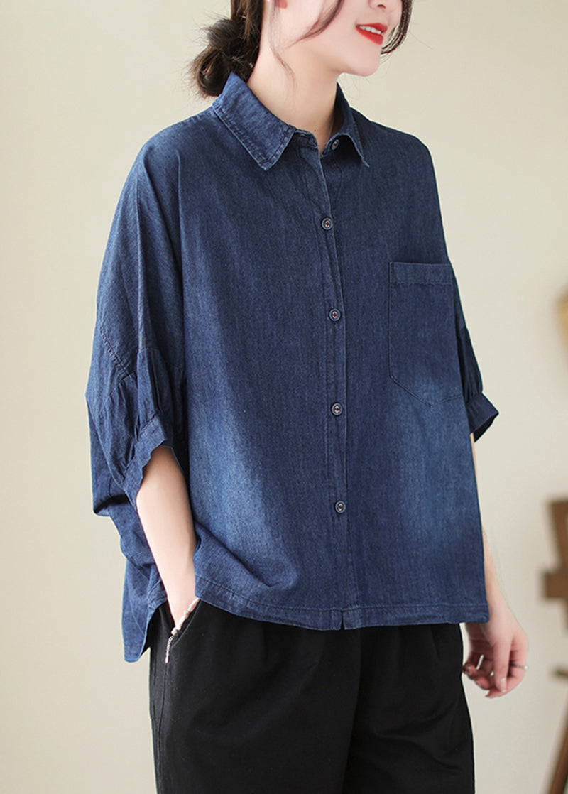 Navy Oversized Washed Denim Blouses Batwing Sleeve