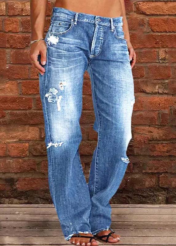 Navy Oversized Washed Denim Ripped Pants Summer