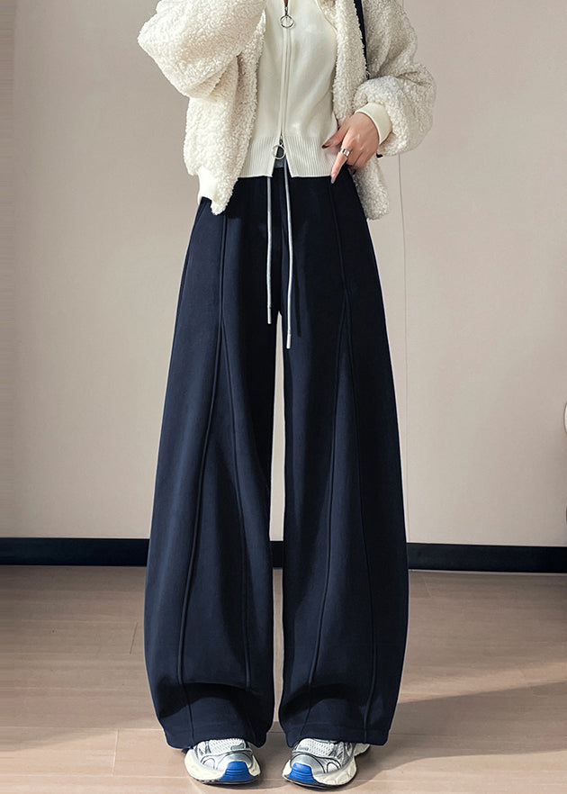 Navy Patchwork Warm Fleece Wide Leg Pants Oversized Winter