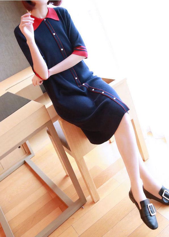 Navy Peter Pan Collar Button Knitted Dresses Half Sleeve