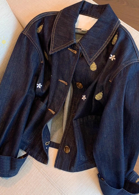 Navy Peter Pan Collar Embroidered Denim Coat Spring
