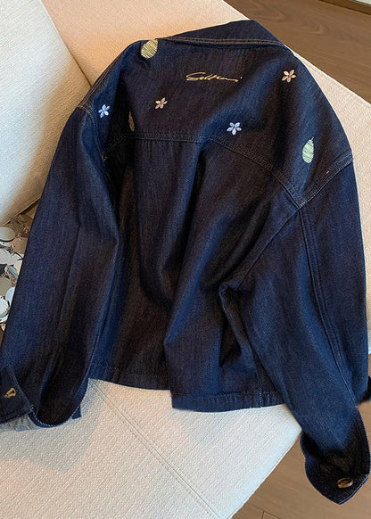 Navy Peter Pan Collar Embroidered Denim Coat Spring