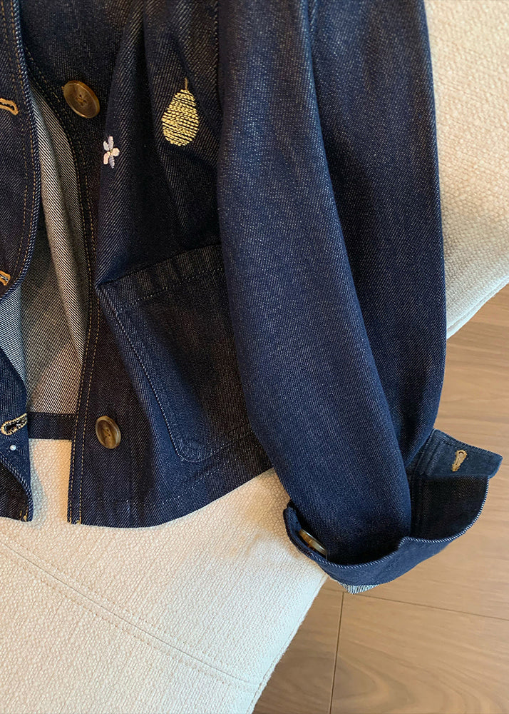 Navy Peter Pan Collar Embroidered Denim Coat Spring