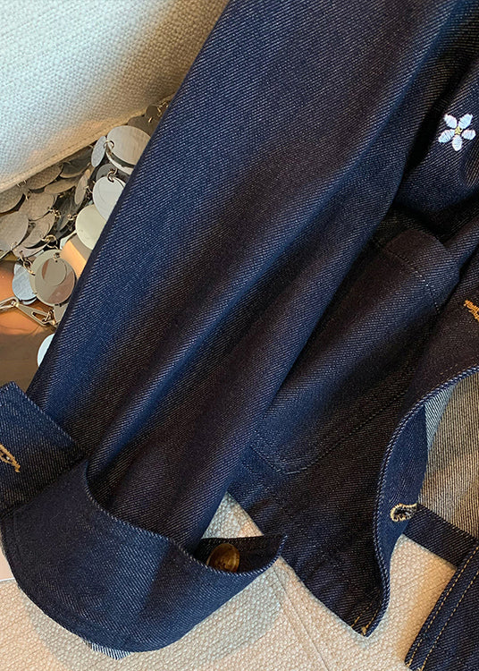 Navy Peter Pan Collar Embroidered Denim Coat Spring