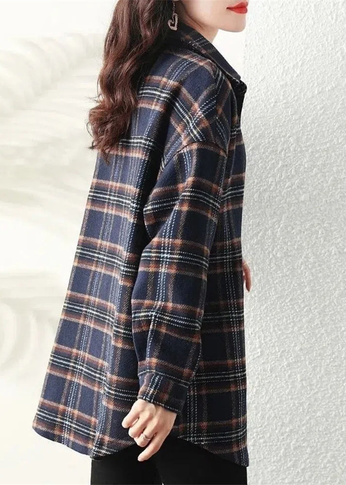 Navy Peter Pan Collar Plaid Cotton Shirt Coats Spring